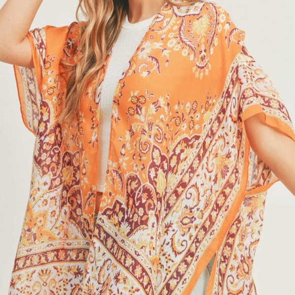 Orange Lightweight Boho Print Kimono Wrap Cover Up - Picture 3 of 5